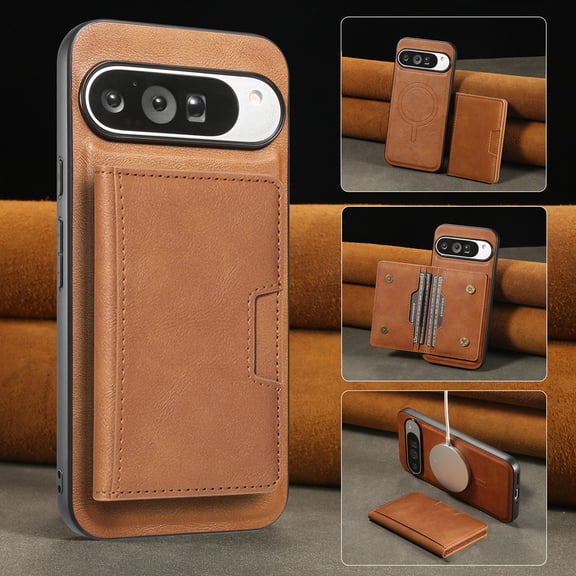 Pocter 2 in 1 Wallet Case for Google Pixel 11 Pro XL, Detachable Magnetic Card Holder Phone Case, PU Leather Cover Compatible with Wireless Charging, Brown