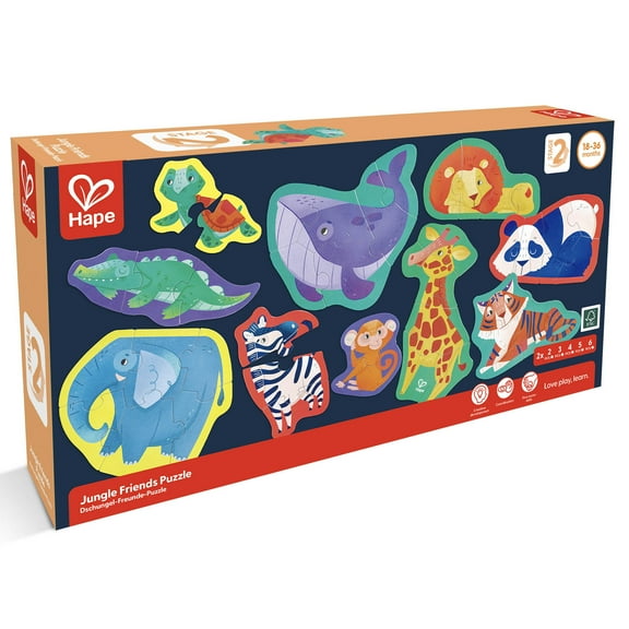 Hape: Jungle Friends Puzzle - 10 Mini Animal Shaped Puzzles, 2-6 Oversized Pieces Each, Colorful Design, Preschool Toy, Toddlers & Kids Ages 18mo 