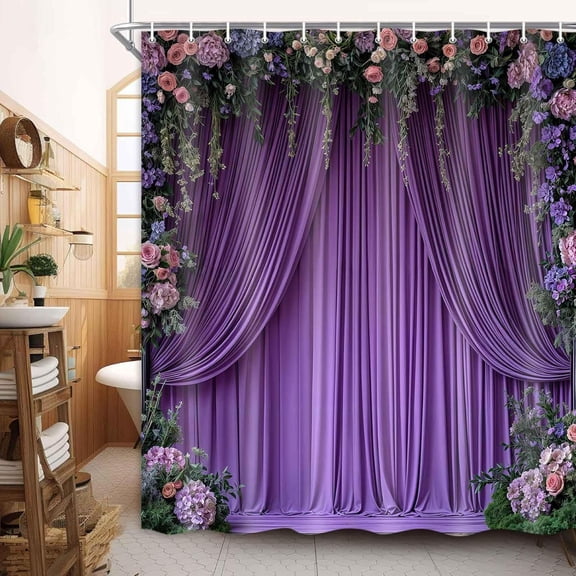 Purple Shower Curtains for Bathroom, Floral Flowers Shower Curtain Set, Modern Abstract Decorative Waterproof Fabric Home Decor-60"W x 72"L (Pack of 1)