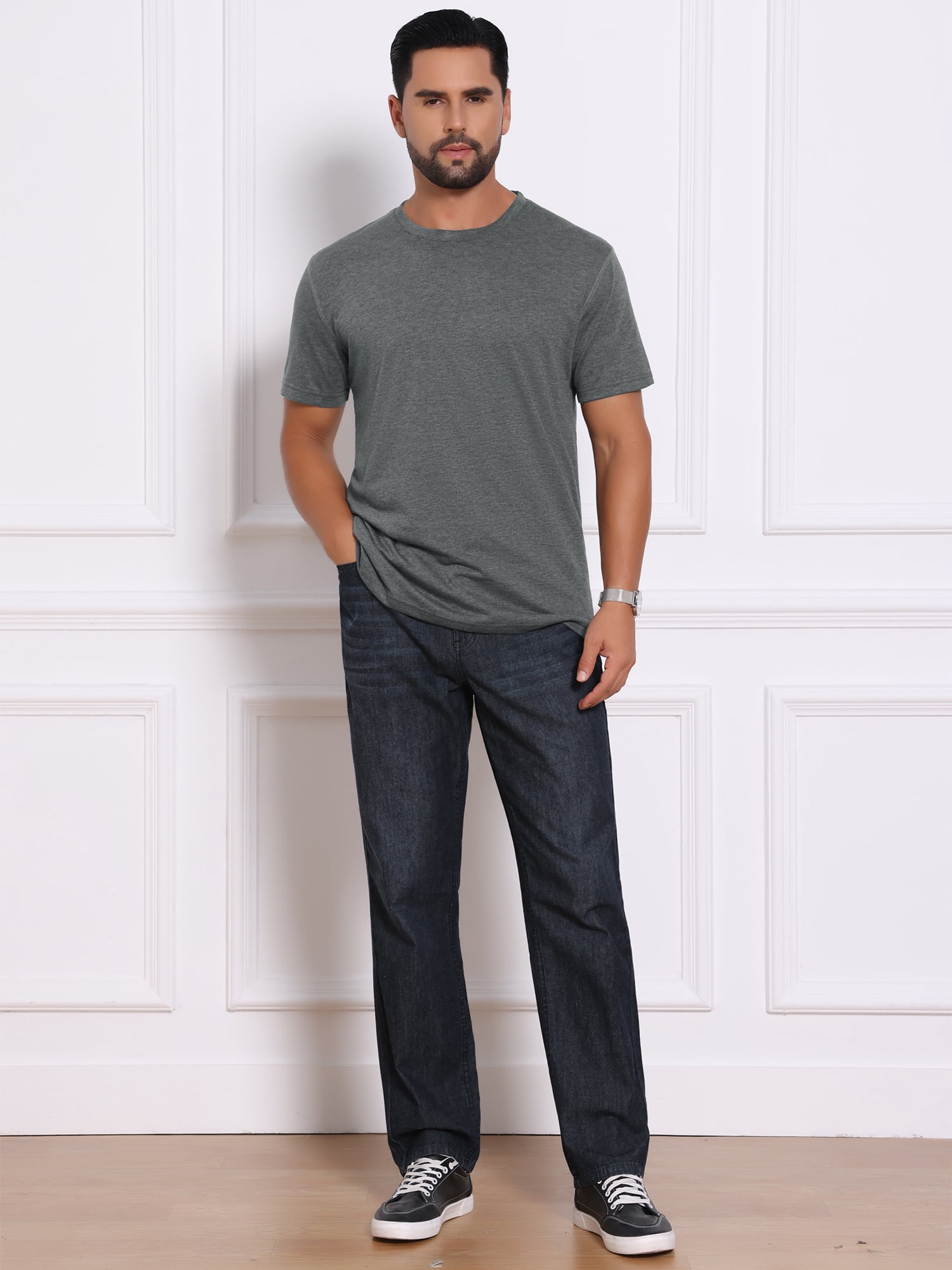 DARING DIVA Men's Crew Neck Short Sleeve Solid Color Retro Style T-Shirt M Dark Gray