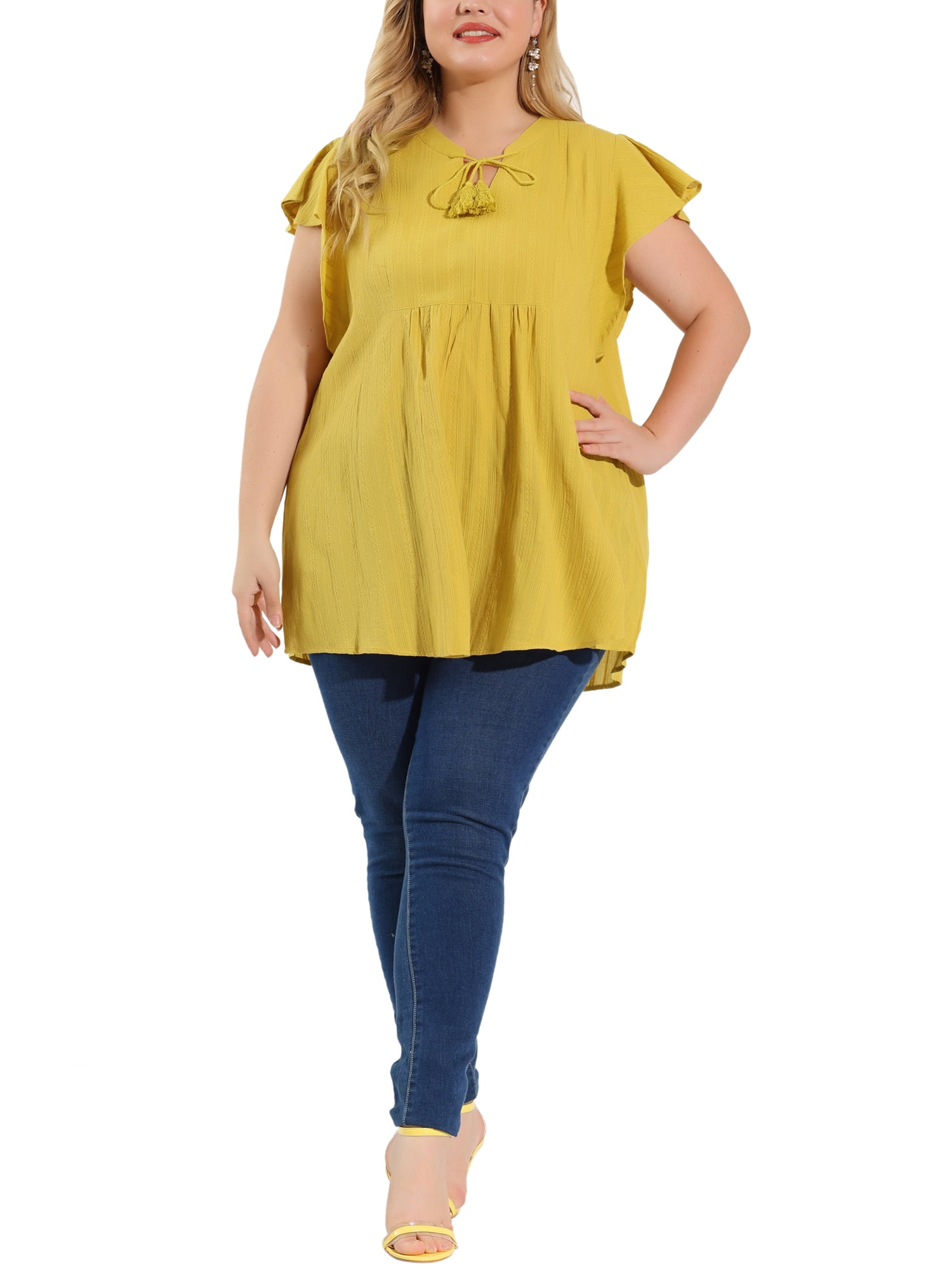 Unique Bargains Women's Plus Drawstring Split V Neck Flutter Sleeve Tunic Top