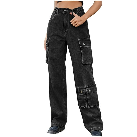 FRSASU Womens Jeans Spring/Summer Stretchy Mid Waisted Denim Wide Leg Trendy Loose Casual Jean Cargo Pants with Pocket Dark Gray