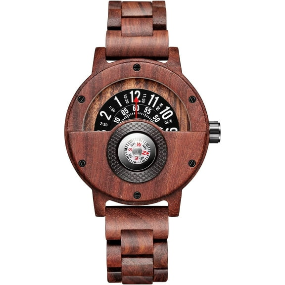 Compass Watch Turntable Personalised Men's Wooden Watch, Stylish Wrist Wood Mens Watches, Lightweight Handmade Quartz Watch With Compass For Men Family Friends