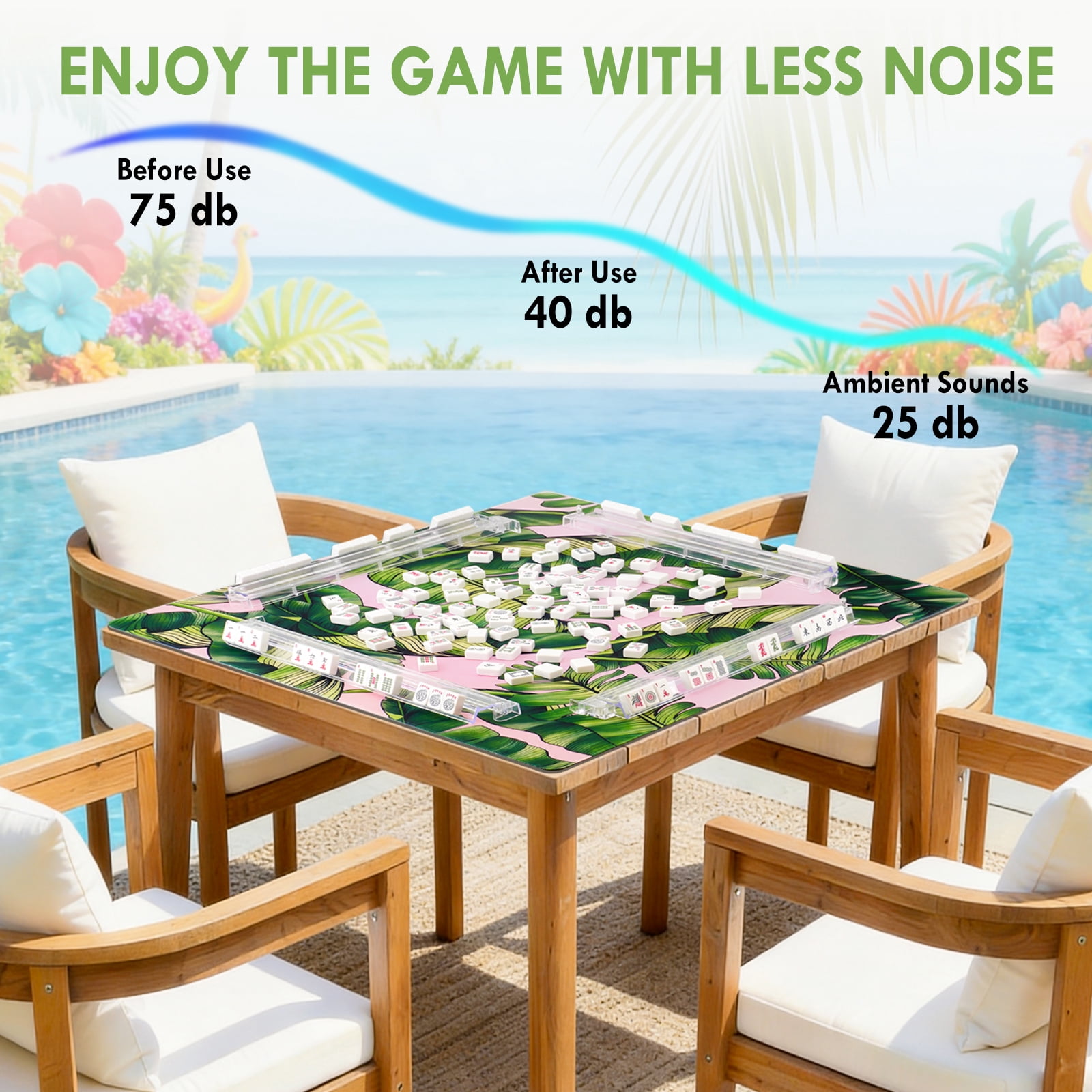Tropical Leaf Pattern Game Mat – Anti-Slip Noise Reducing Pad for Mahjong, Cards, Poker | Portable with Velvet Carry Bag