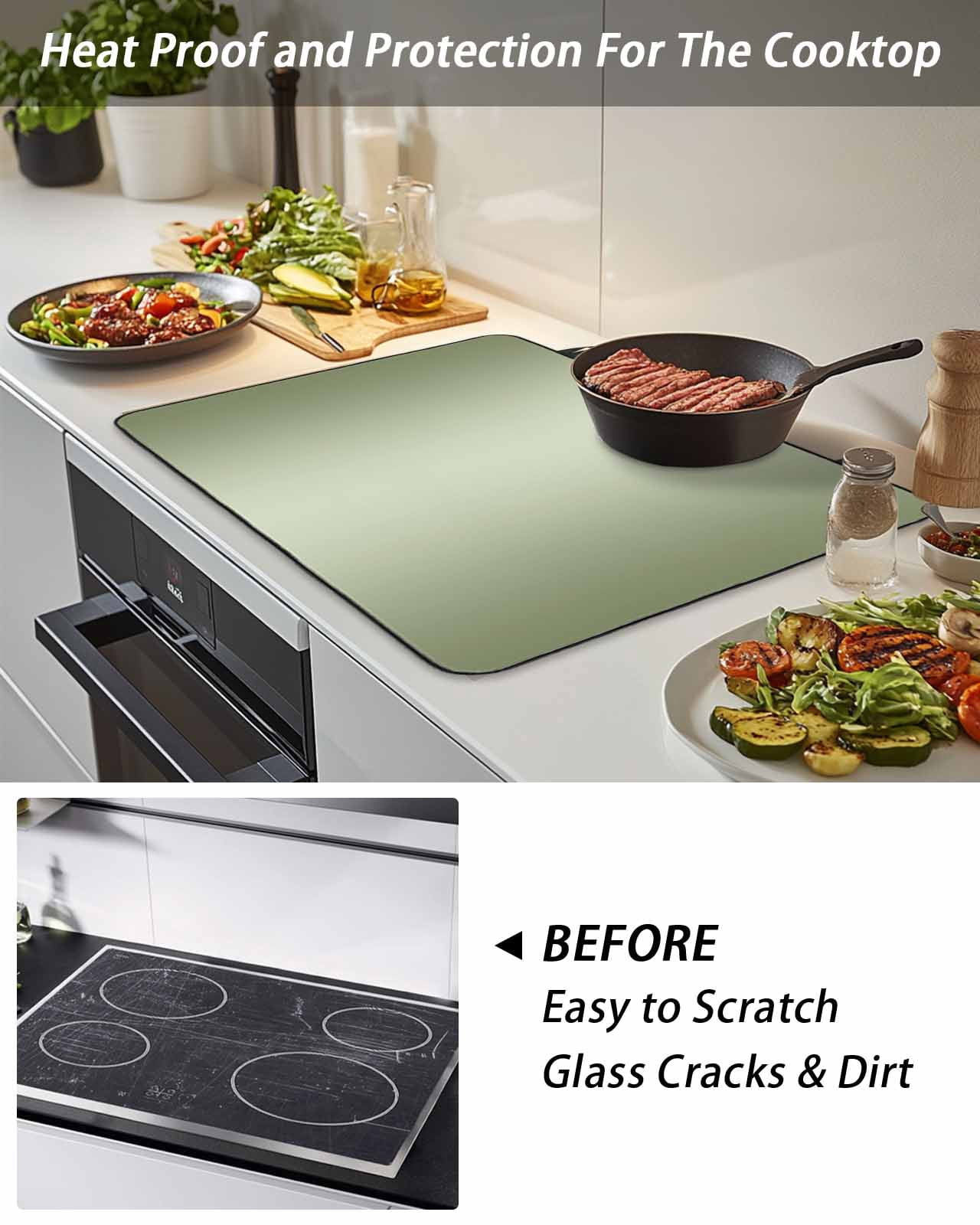 Stove Top Covers for Electric Stove, Sage Green Ombre Glass Stovetop Cover Protector, Modern Gradient Abstract Art Induction Cooktop Protector Oven Mat for Kitchen Countertop 28.5"x20.5"