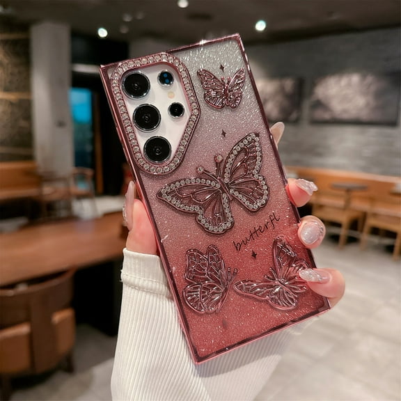 Designed for Samsung Galaxy S24 Ultra Phone Case,Luxury Diamond Butterfly Design,Cute Gradient Glitter Bling Diamond Rhinestone Sparkly Cover,Shockproof Anti-Scratch Electroplated Phone Case,Pink