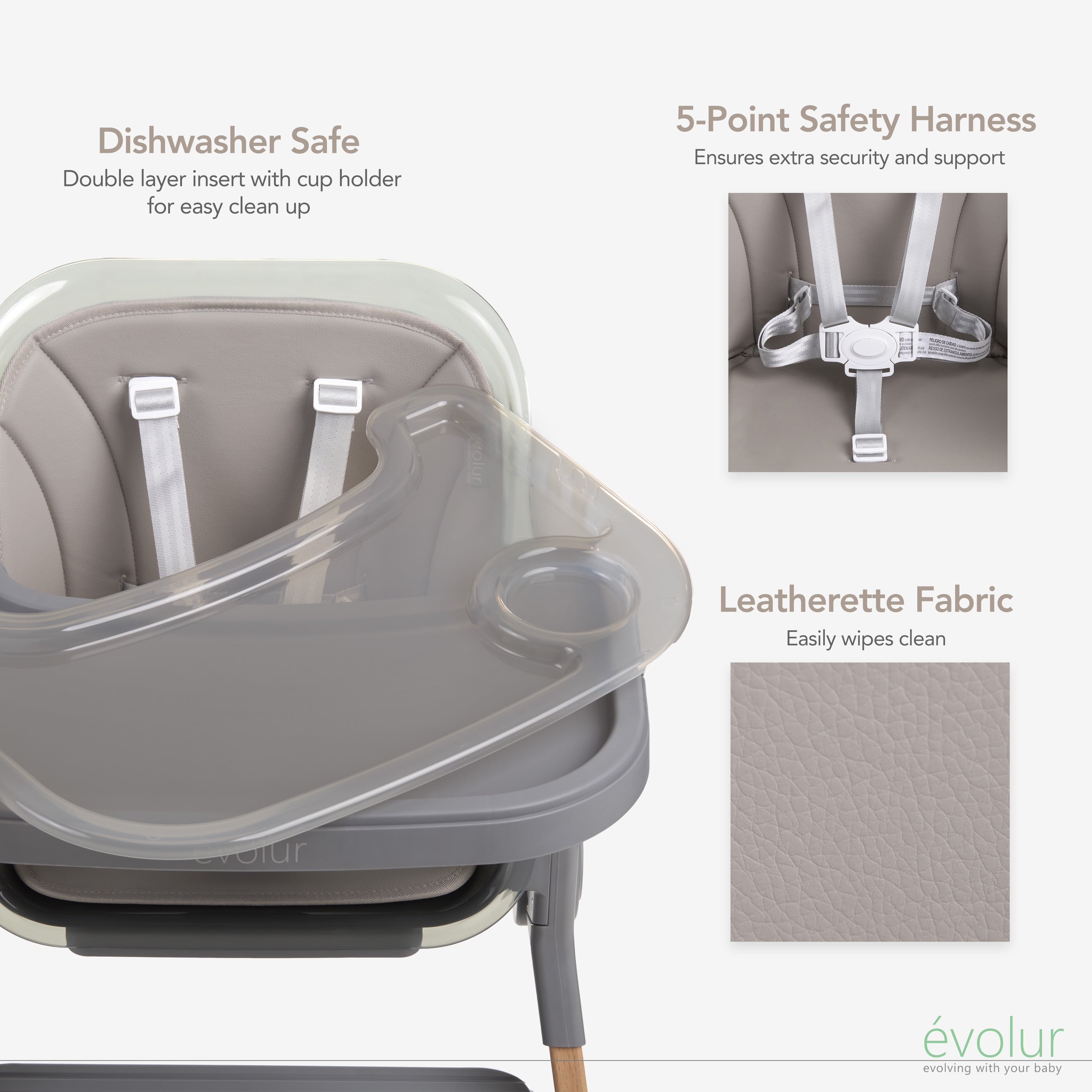 Evolur Tiny Throne 2-in-1 Portable High chair in Fossil Gray, Baby High Chair Converts into Booster Seat & Adult Stool, Removable Tray and Easy To Clean