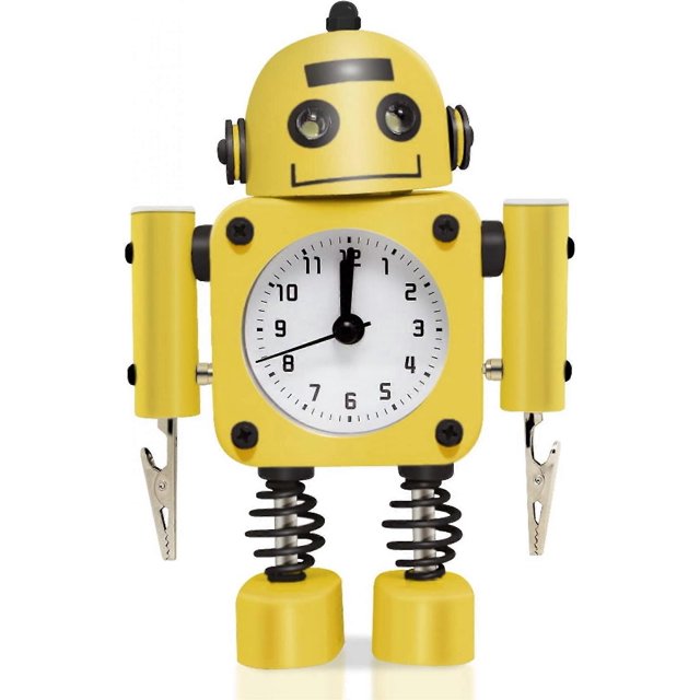CHAO Reloj despertador robot de metal inoxidable que no hace tictac: reloj despertador con luces intermitentes y pinza para la mano (amarillo)