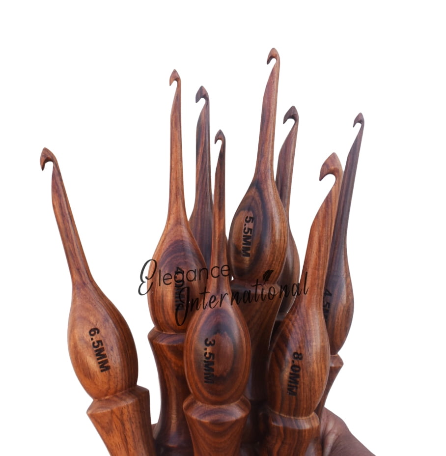 Wooden Crochet Hooks Set of 13-3.5mm to 12mm - Rosewood Crochet Hooks for Arthritic Hands - for Crocheting & Knitting - Ergonomic Soft Grip Handle Crochet Hooks - Gifts for Her(Hooks,Bowl,Stand)