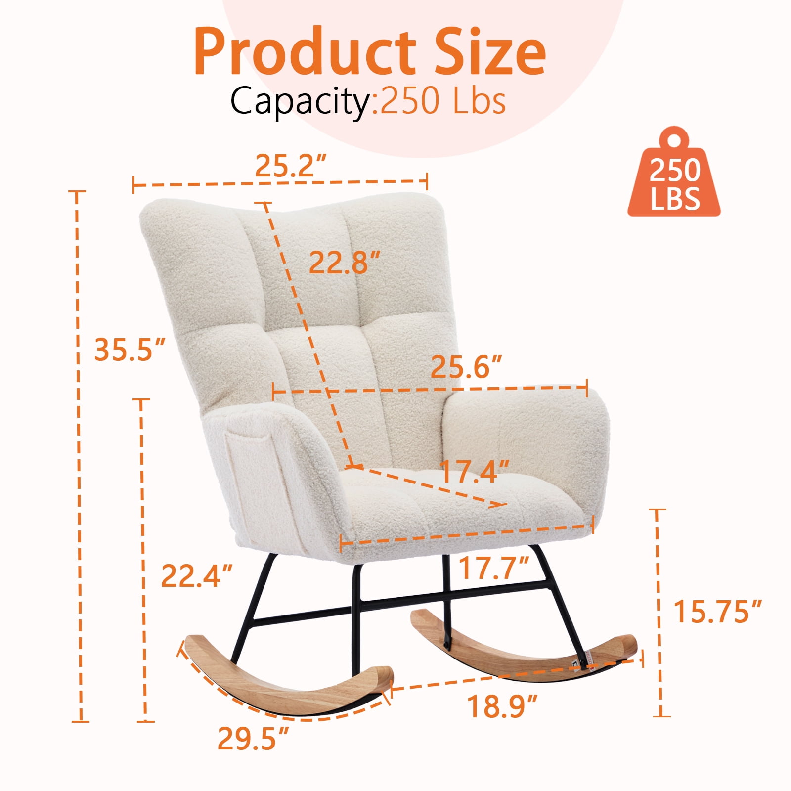 SENCHO GINSYTALIOR Nursery Rocking Chair Teddy Upholstered Glider Rocker,Rocking Accent Chair Padded Seat with High Backrest ,Solid Wood Legs for Nursery Bedroom Living Room