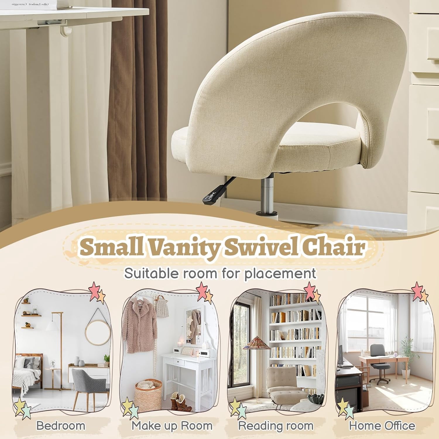 VINGLI Small Vanity Chair with Wheels for Girls.Cute Modern Adjustable Height Armless Office Desk Chair.360°Swivel Comfy Rolling Chair for Study, Make up Room,Small Space,Linen White