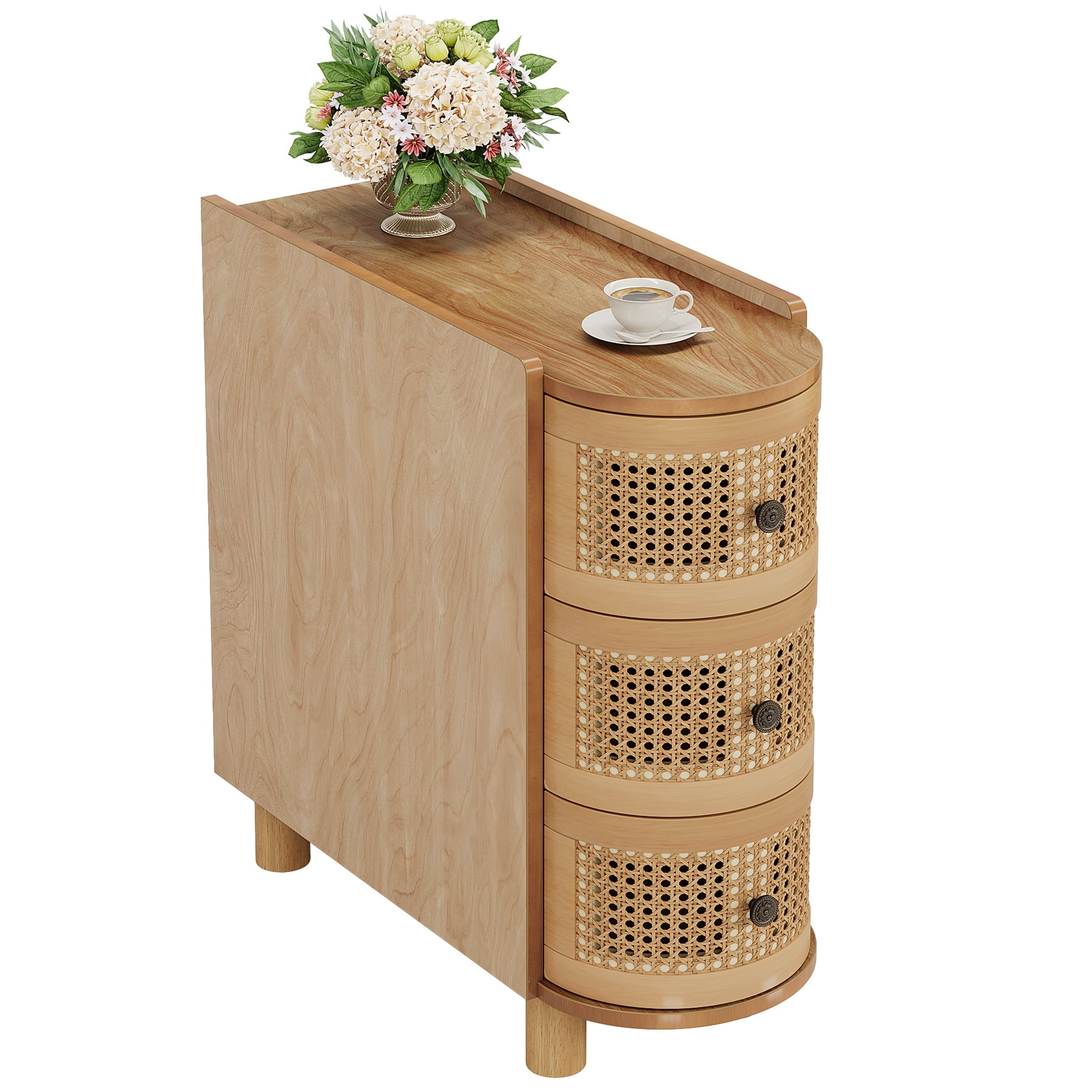 Fnova 26" Solid Wood End Table, Farmhouse Side Table with 3 Rattan Drawers, Slim Sofa Table Nightstand with Vintage Embossed Handles for Living Room, Bedroom, Finished Back, No Assembly