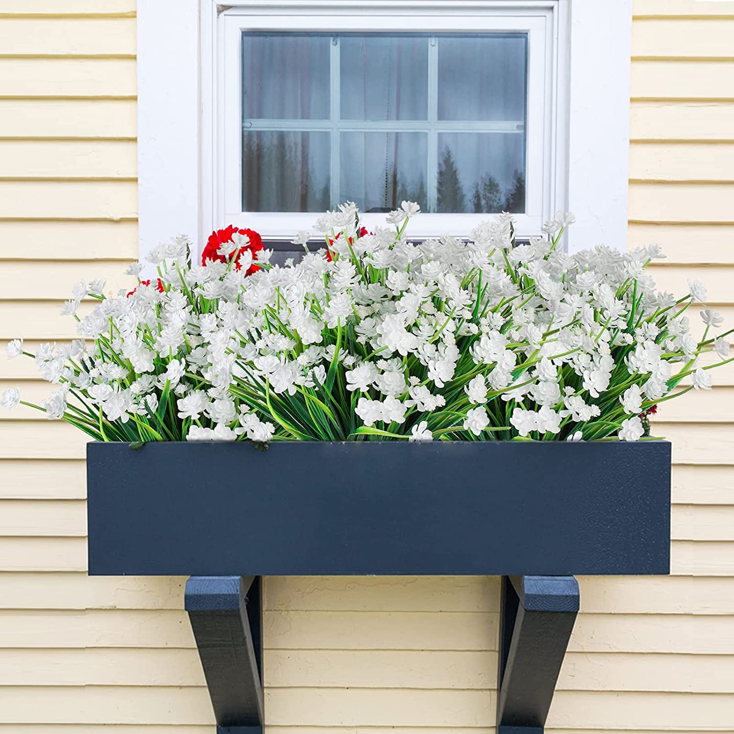 Morttic Artificial Flowers for Outdoors Plastic UV Resistant Faux Flowers Decoration Greenery Garden Shrubs，Bulk Fake Flowers in Vase (White 4pcs)