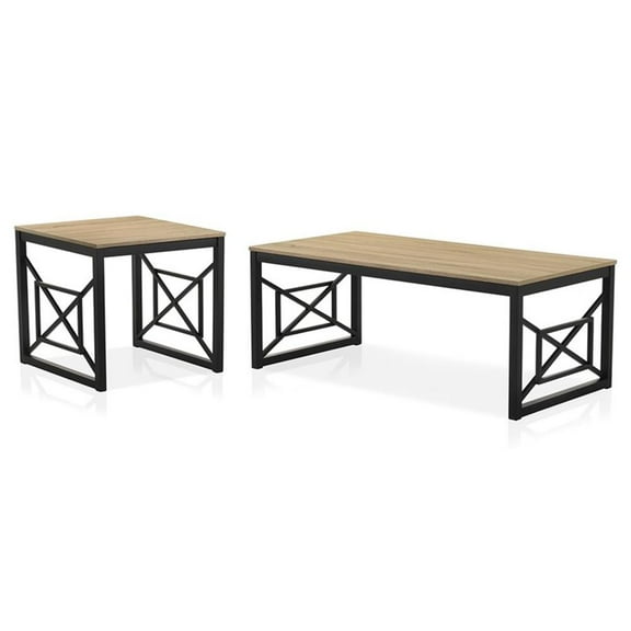 Furniture of America Olive Metal 2-Piece Coffee Table Set in Oak and Black