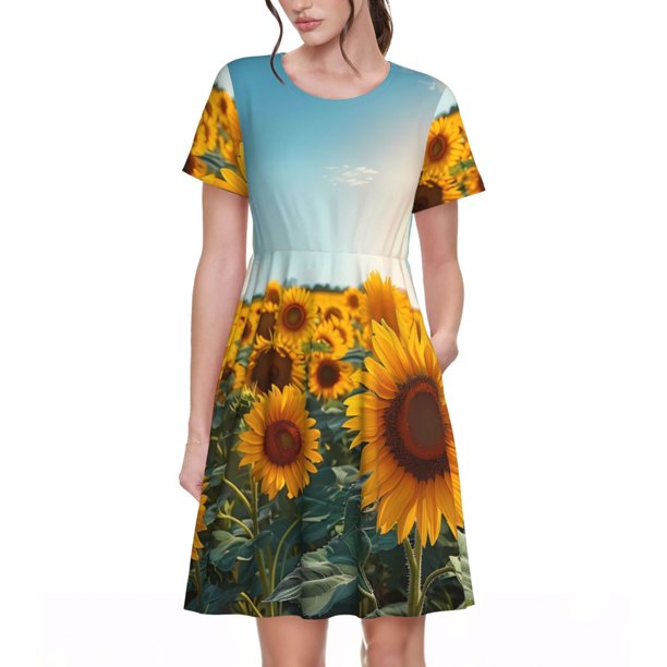 Balery Sunlit Sunflower Field Vestidos sueltos de manga corta para mujer, vestidos de verano 2025, vestidos casuales de corte A con vuelo.