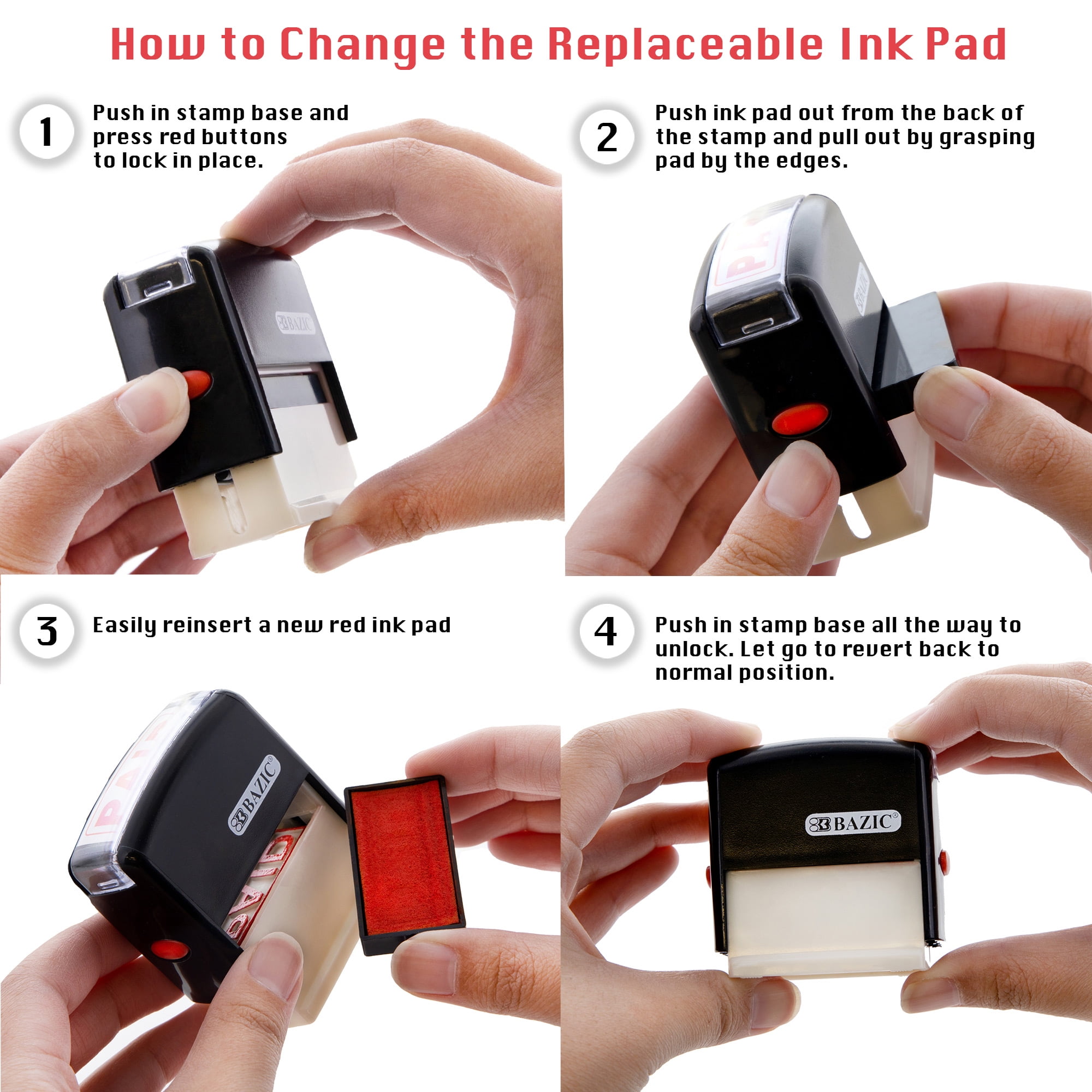 BAZIC Products Paid Self-Inking Stamp with Red Ink for Office, Business, and Documents, Easy Refillable Pad, Crisp & Clear Impressions, 24-Packs