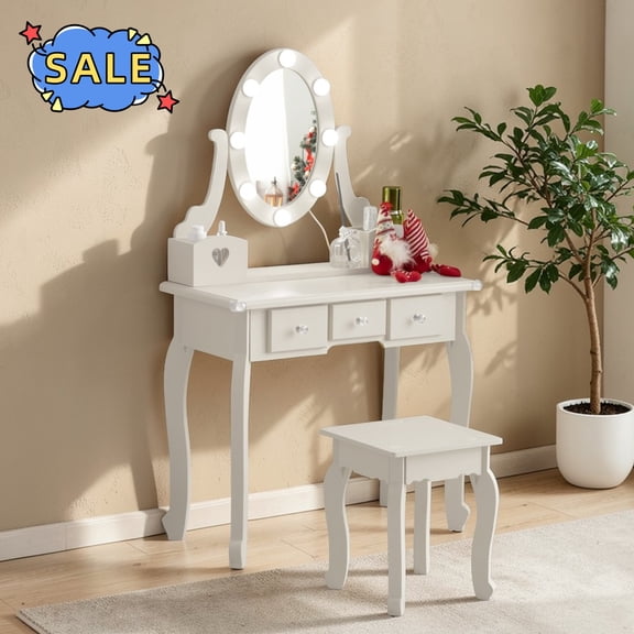 Hassch Vanity Set with Lighted Mirror and Stool, 23.6 Inch Makeup Dressing Table with 5 Storage Drawers for Small Space, White