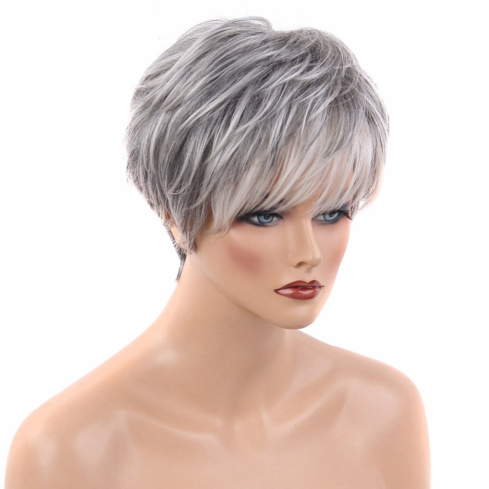 Human Hair Topper Wig - Remy Clip in Short Straight Gray Hairpiece, Lace Top Natural Look Real Hair Toupee for Women, Lightweight Adjustable Fit Daily Wear, Christmas Gift, 9in 1 Pack