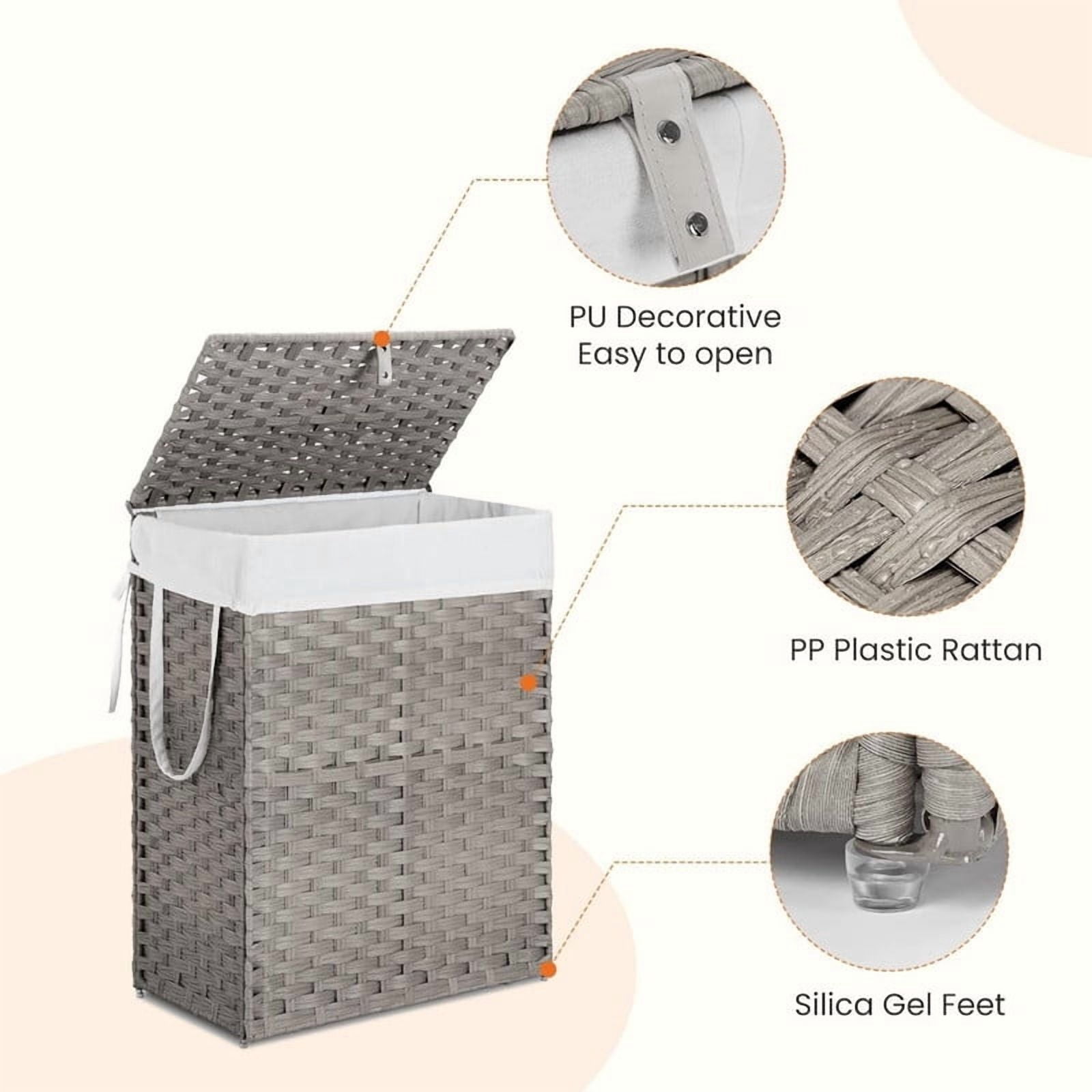 Kelno 110L Laundry Basket with Lid Foldable Rattan Clothes Hamper with Removable Liner Bag, Gray
