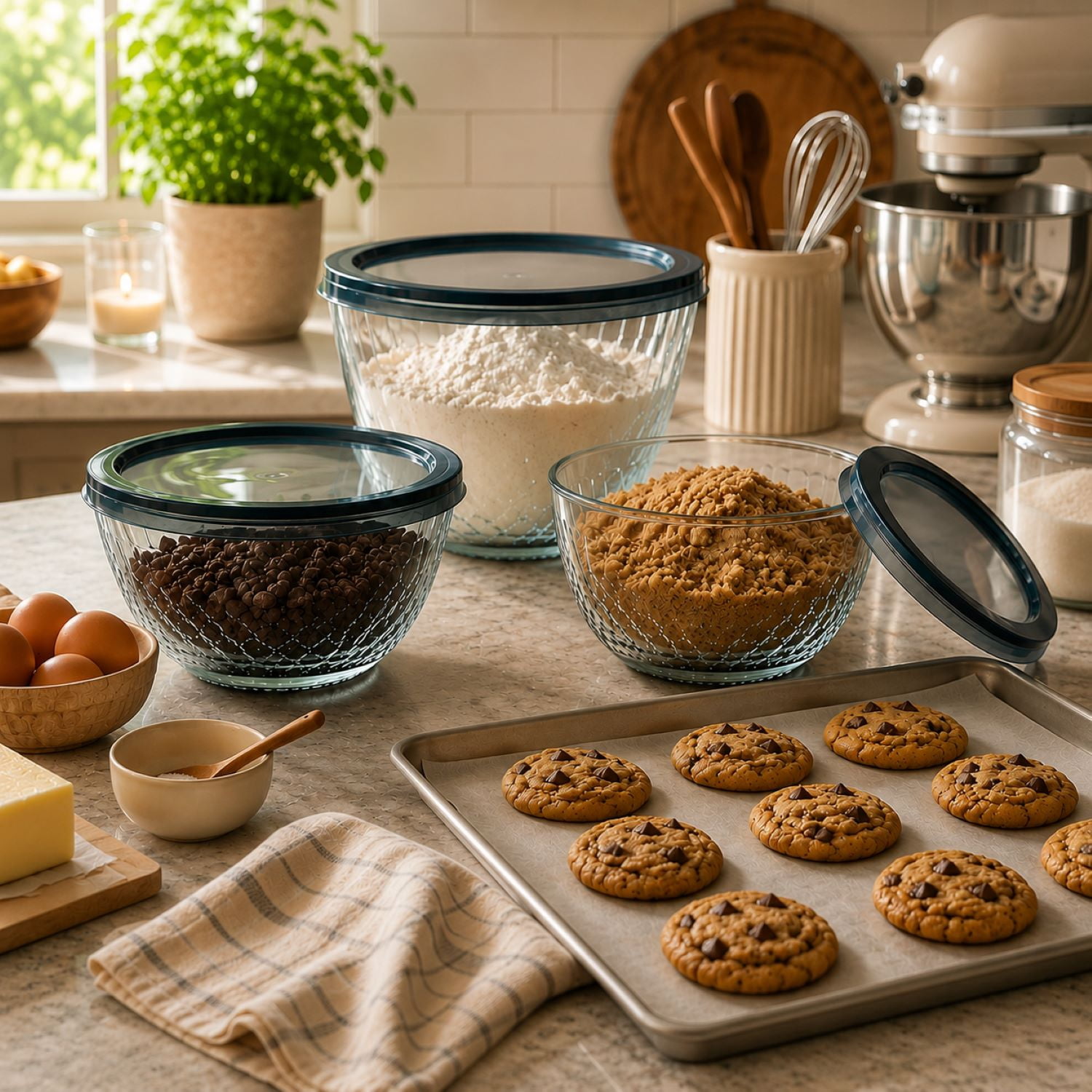 Sorbus 4-Piece Diamond Textured Glass Mixing Bowl Set with Lids, Assorted Sizes, BPA-Free