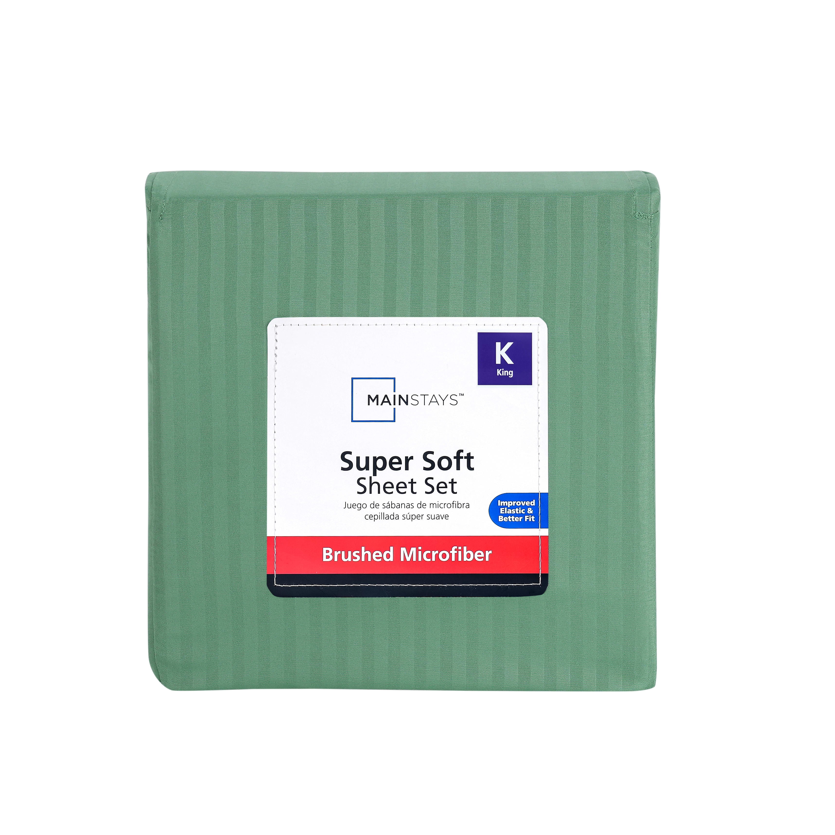 Mainstays Super Soft Brushed Microfiber Bed Sheet Set, Green Sage Embossed Stripe, King, 4 Piece