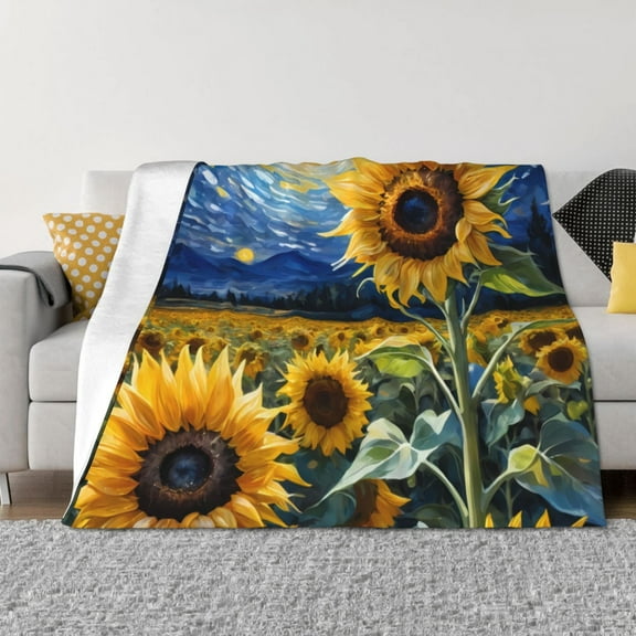 Fuzoiu Starry Sky Sunflower Print Flannel Blanket,Throw Blanket,Flannel Home Decor,Fleece Bed Blankets,Cozy Soft Blanket for Bed, Sofa, Camping, and Travel-40"x30"
