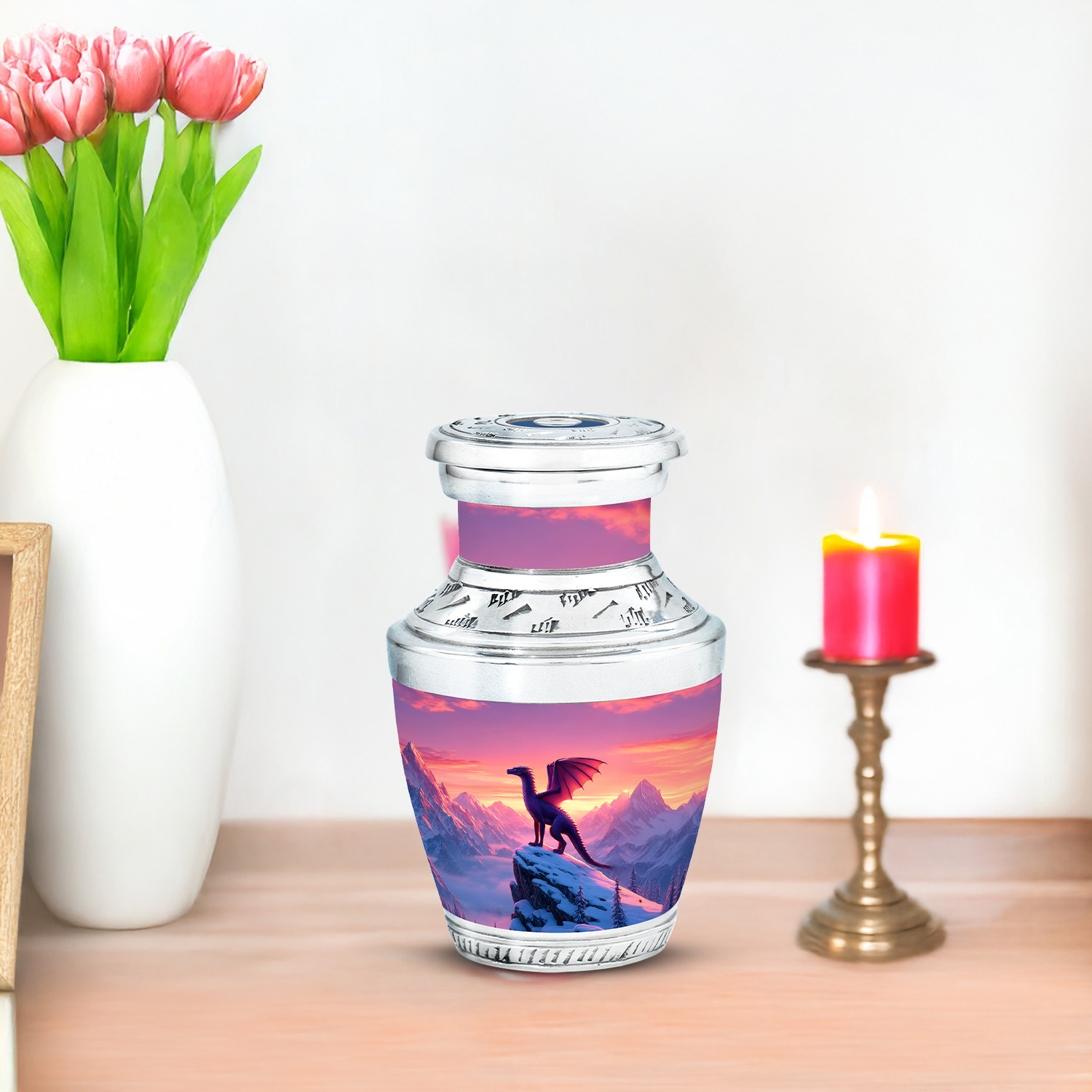 JAGASY Dragon Memorial Urn for Ashes Adult Male & Female, Pink Keepsake Small Urns for Human Ashes, Snowy Mountain & Sunset Decorative Urns for Mother, Cremation Urn for Father, (3 Inch)