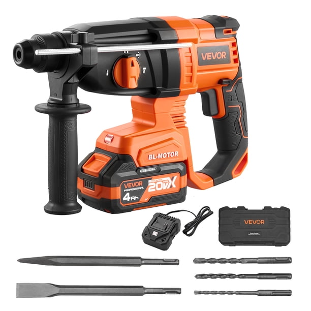 Taladro percutor rotativo VEVOR, inalámbrico SDS-Plus de 7/8 pulg., alimentado por batería de 20 V, sin escobillas, incluye batería, cargador, 3 brocas, cincel plano, cincel puntiagudo