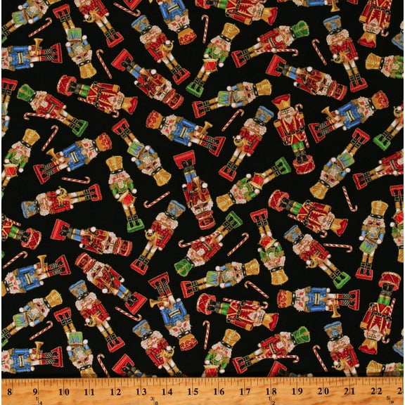 Cotton Christmas Winter Seasonal Holiday Nutcrackers Figurines Candy Canes Drums Black Cotton Fabric Print by the Yard (HOLIDAY-CM2057-BLACK)