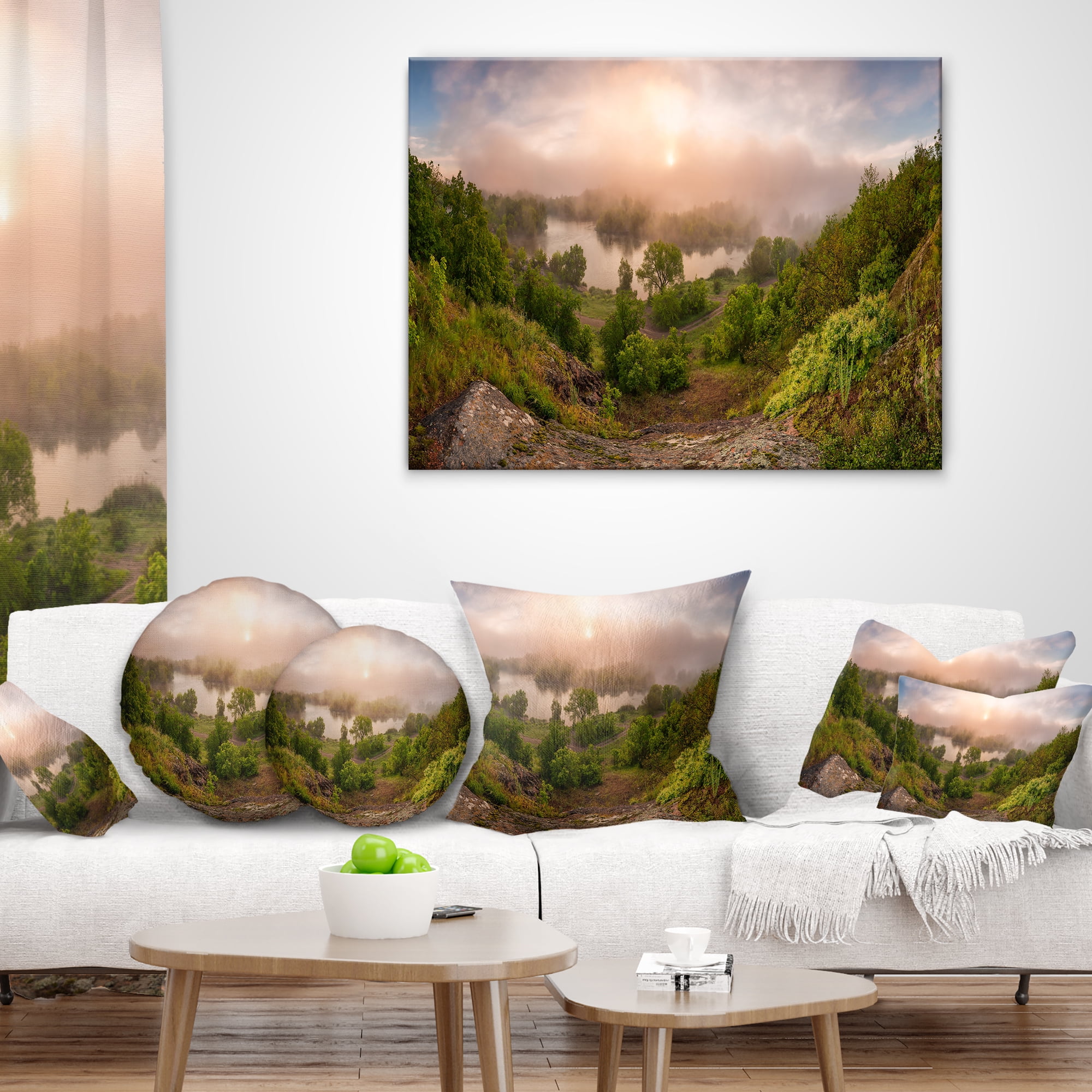 Designart Rising Above the River Mist - Landscape Photo Throw Pillow - 18x18