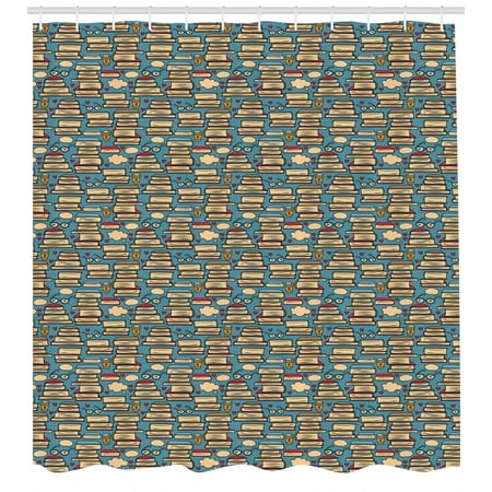 Book Shower - Geek Shower Curtain, Repeating Pattern with Stack of Books Combined with Hearts Coffee and Nerd Glasses, Fabric Bathroom Set with Hooks, 69W X 70L Inches, Multicolor, by Ambesonne