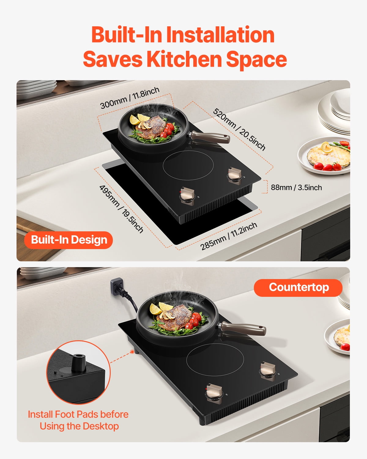 KFFKFF Induction Stove, 1800W Electric Tabletop Heater, Dual Knob-Controlled Burner, Integrated Induction Stove with 12 Heat Levels, Glass Top, Automatic Power-Off