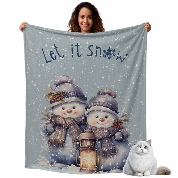 Flannel Fleece Throw Blankets Cute Snowman Merry Christmas Throws Blankets, Winter Snow on Gray Lightweight Soft Warm Blanket for Couch Sofa Bed Living Room All Season Use, 40x50in