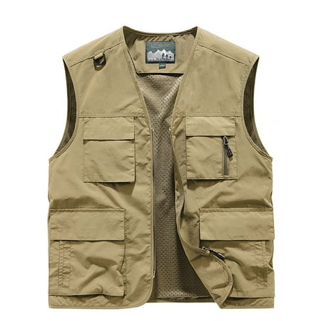 Olyvenn Men s Outdoor Travel Quick Dry Vest with Multi Pockets Lightweight Breathable Mesh Fishing Hiking Vest Safari Photography Waistcoat Plus Size Khaki 4