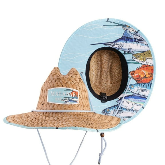 Men's Straw Hat with Fabric Pattern Print Lifeguard Hat, Beach Ocean, Cruise, and Outdoor, Summer, Fits All, Malabar Hat Co