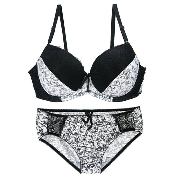 Women Sexy Printed Bra Panty Lingerie Set Push Up Bralette and Underwear -  Size 38/85D (White) 
