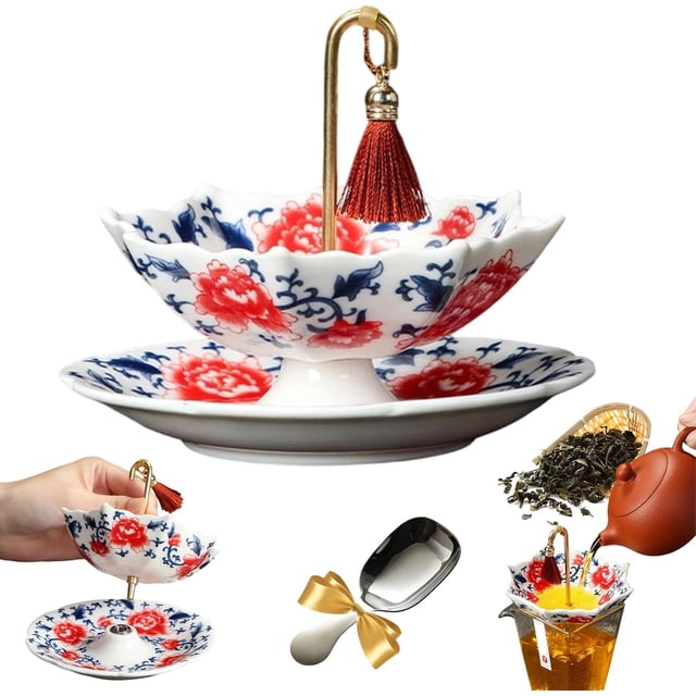 2026 New Umbrella Tea Strainer, Elegant Tea Strainer Filter Set with Unique Umbrella Shape, Chinese Blue & White Porcelain Ceramic Teas Infuser with Rotating Design for Kung Fu/Coffee/Brewing (Red)