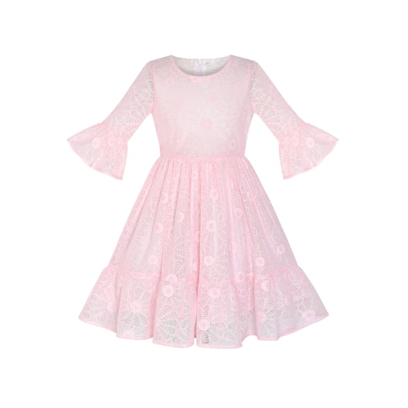 Girls Dress Pink Lotus Sleeve Lace Princess Party Dress 10 Years