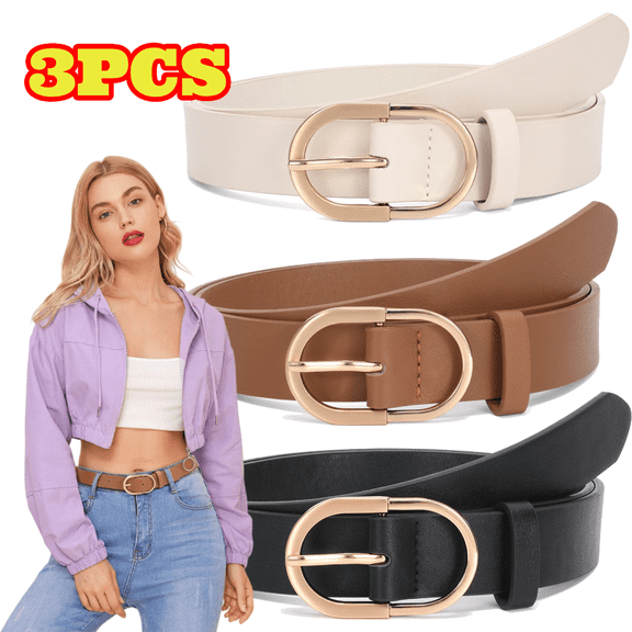 3pcs Women's Belt for Jeans Pants, Fashion Leather Belt with Gold Buckle