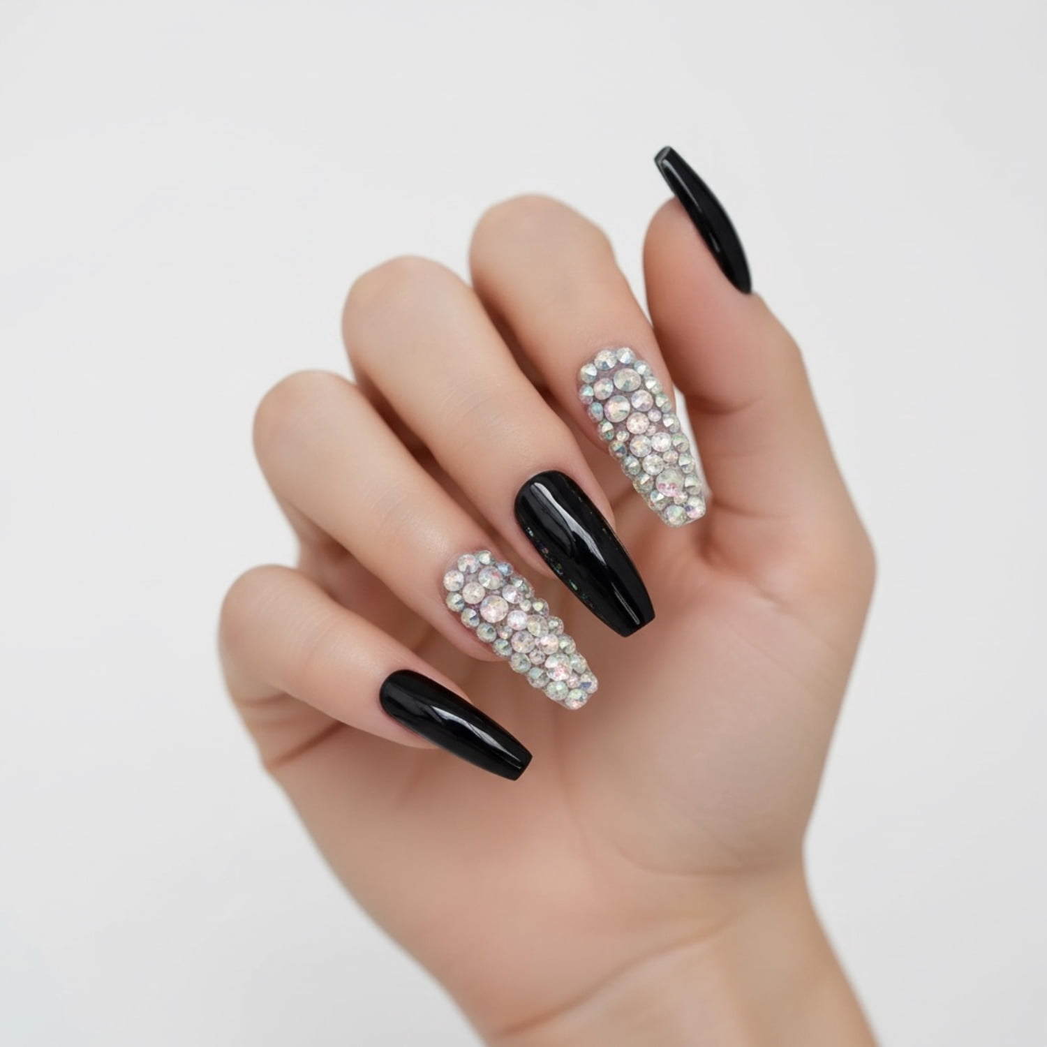 Black 3D Crystal Press On Nails, Extra Long Ballerina Rhinestones Fake Nails Set, Sparkle Night