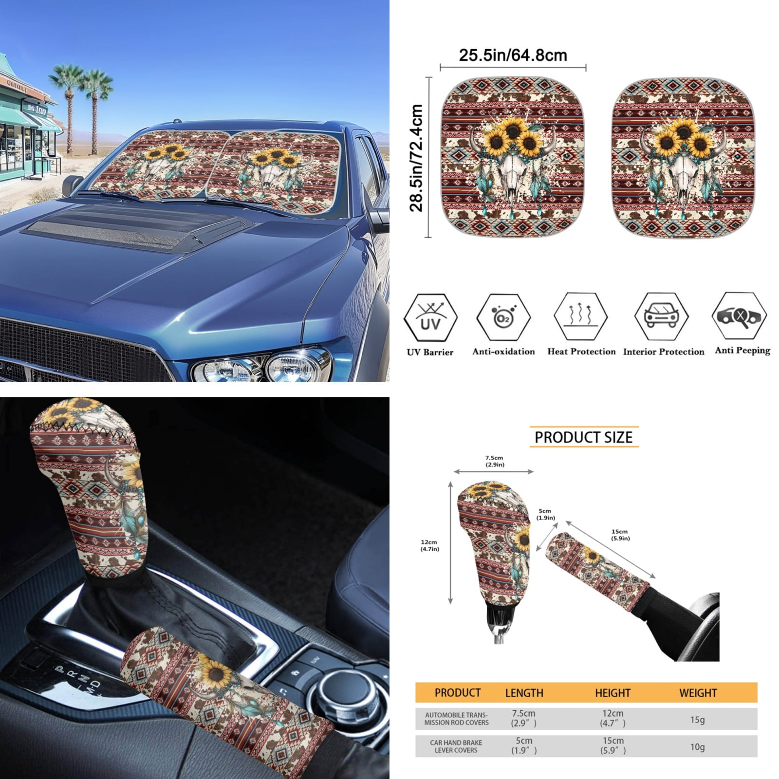 Yuyamidu Deer Car Seat Covers Set 16 PCS Sunflower Steering Wheel Cover Seat Belt Pads Coasters Southwest Aztec Rearview Mirror Cover Key Ring Car Window Shade Handbrake Gear Shift Knob Cover