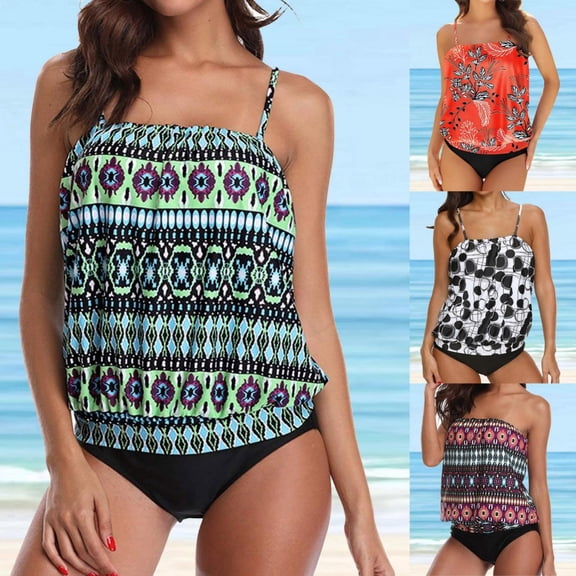 RotHome Two Piece Bandeau Tankini Swimsuits for Women Loose Blouson Swim Top with Bikini Bottom Tummy Control Bathing Suits Modest Summer Beachwear