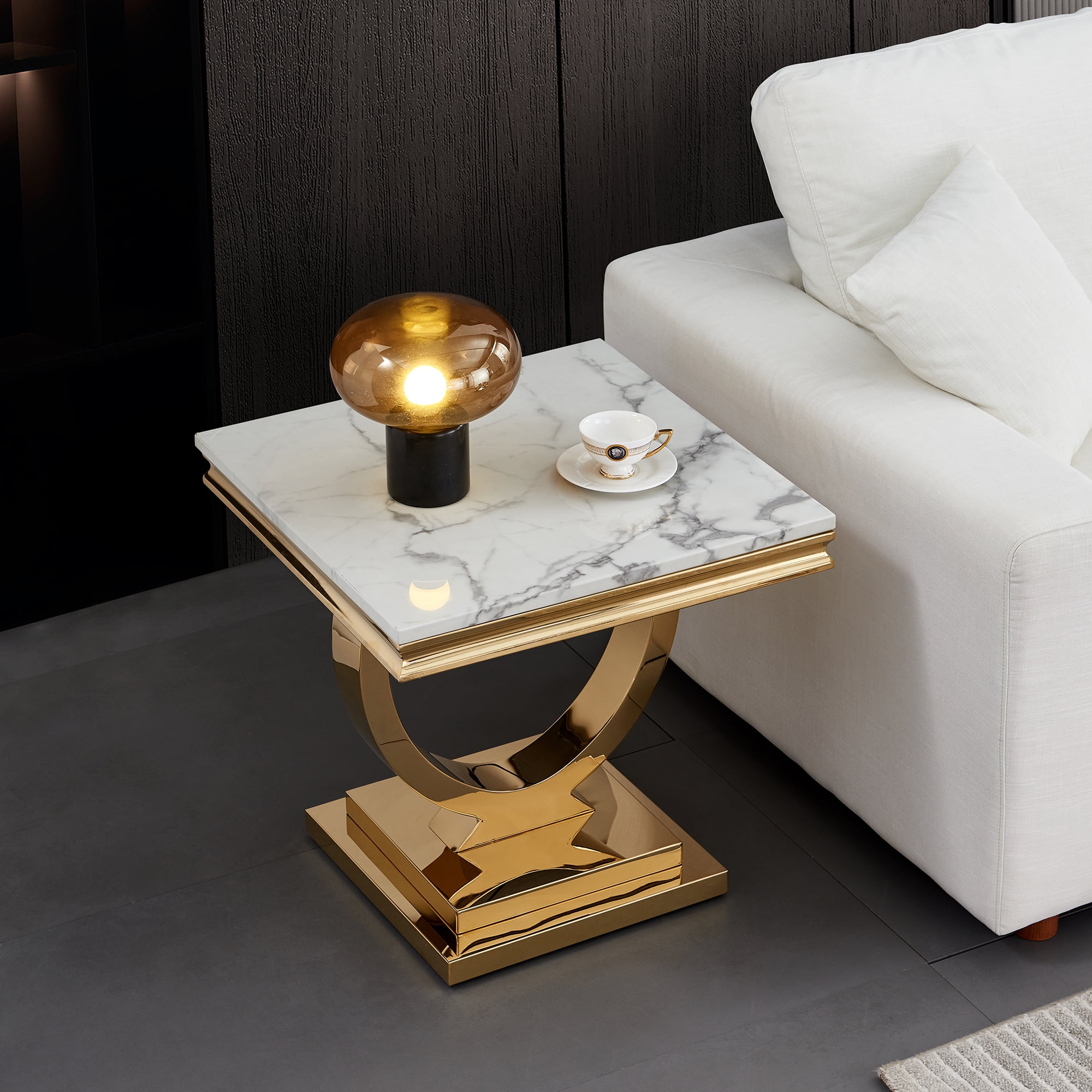 22.83" Square Faux Marble End Table, Modern Marble-Patterned Top with Gold Mirrored Stainless Steel O-Base, for Hallway, Living Room, Bedroom