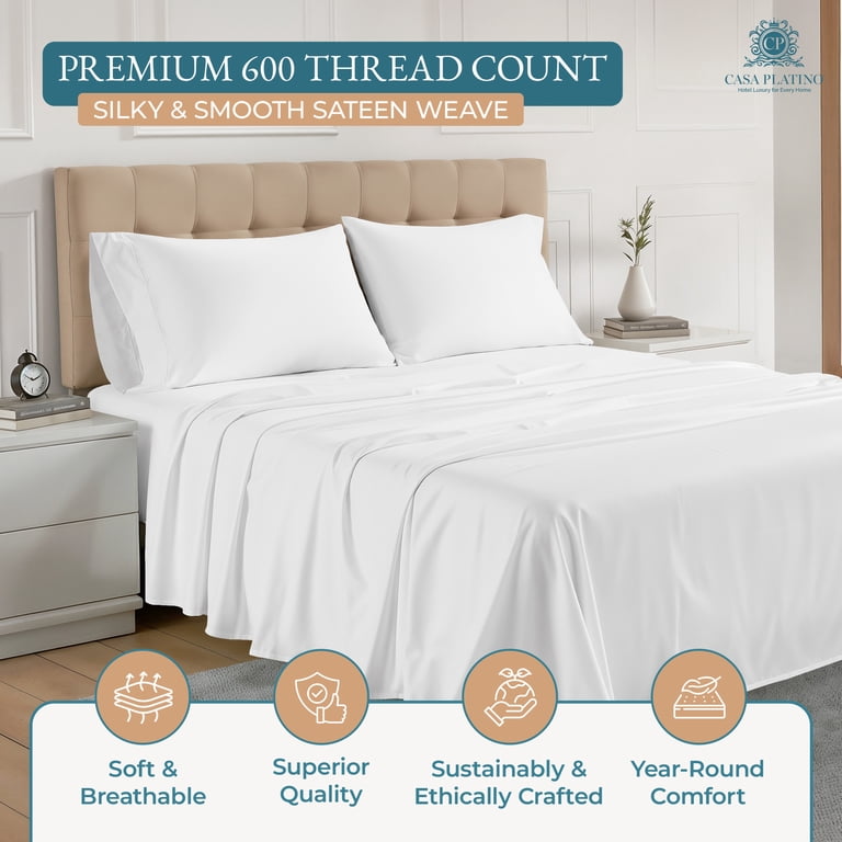 Casa Platino 600 Thread Count Twin XL Cotton Sheet Set, White photo 3