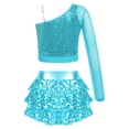 thumbnail image 2 of YiZYiF Kids Girls Jazz Dance Costume One Shoulder Shiny Sequin Crop Top with Metallic Culottes Cheer Leader Dancewear Light Blue 10, 2 of 7