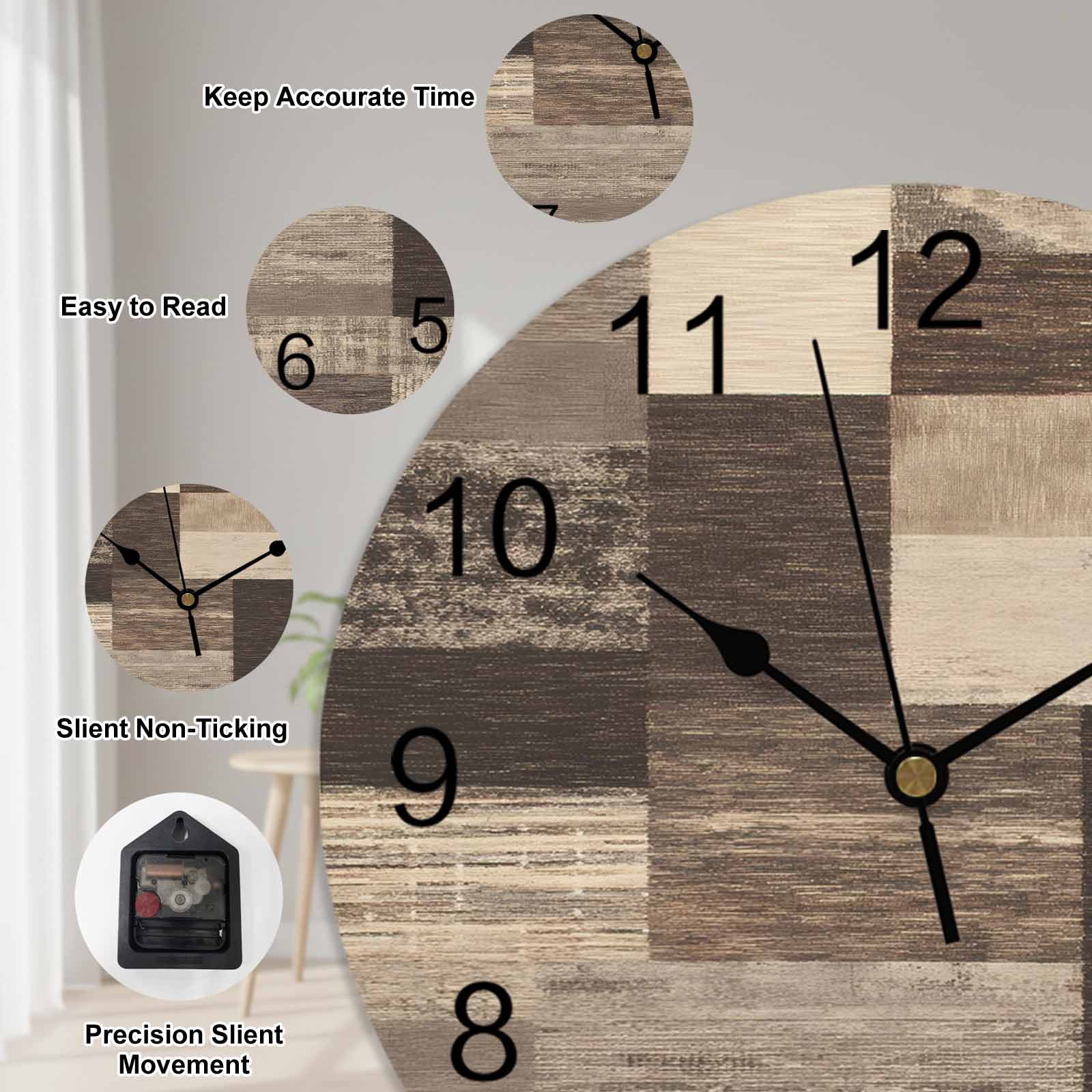 Wall Clock Rustic Brown Wood Plank Clocks PVC Silent Non-Ticking Battery Operated Decorative Farmhouse Collage Block Round Clock for Home Living Room Kitchen Bedroom Office School Wall Decor 14 Inch
