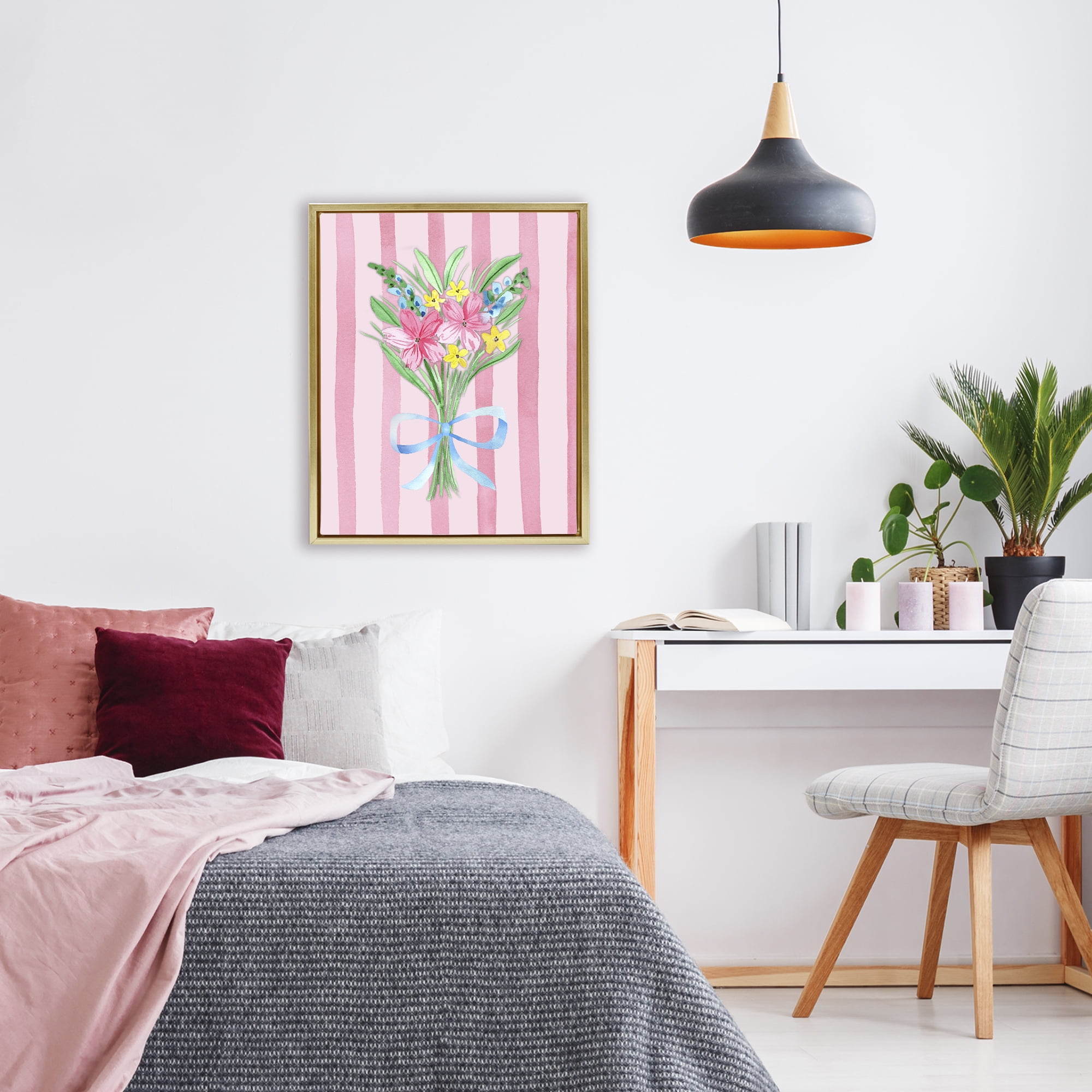 Spring Bouquet Pink & Blue Gold Framed Floater Canvas Wall Art, design by Nina Jacobs