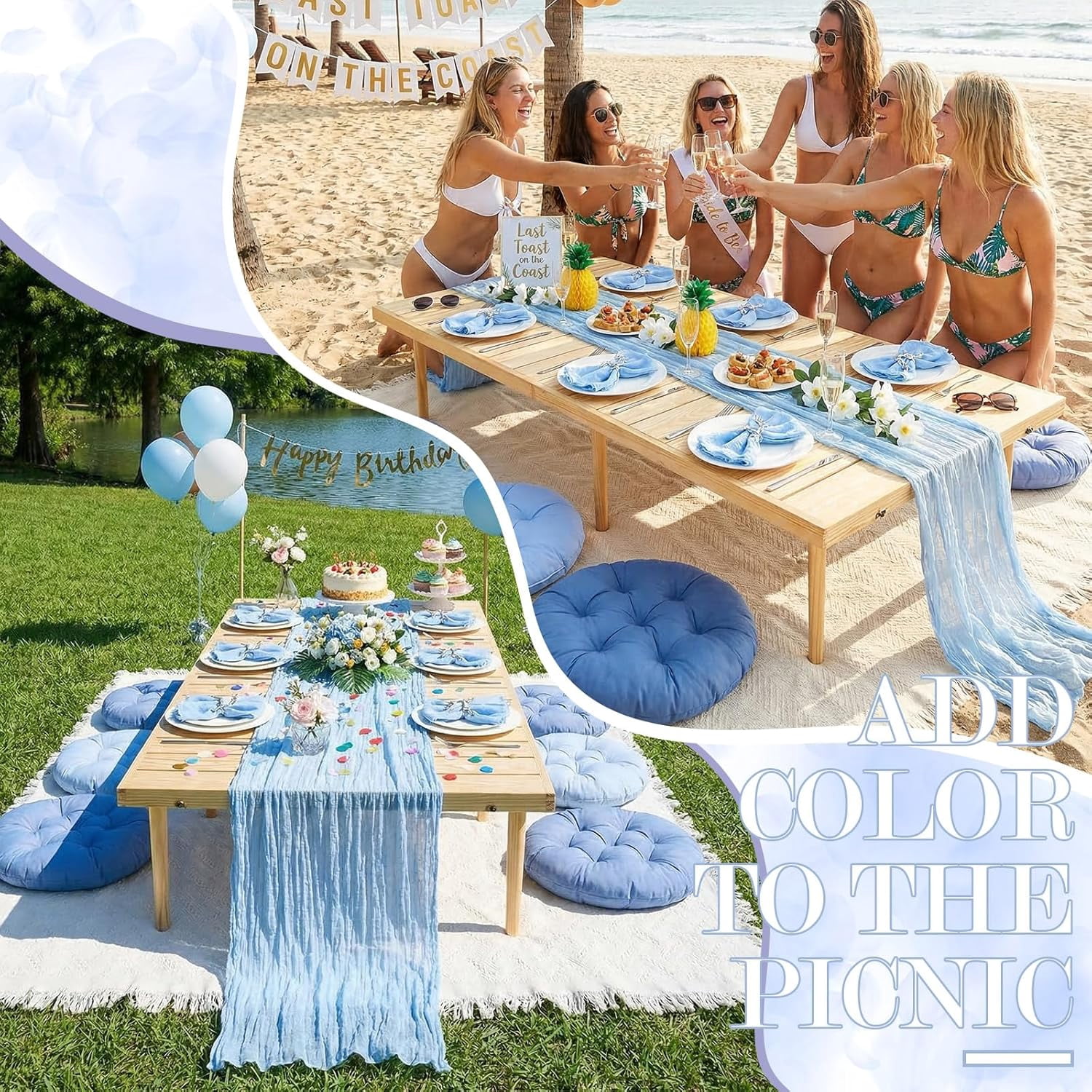 91 x 71'' Extra Large Outdoor Picnic Blanket with Blue Picnics Table Runner 6 Napkins and 6 Blue Floor Pillows Cushions for Picnic Party Camping Wedding Bachelorette Birthday Baby Shower Decor