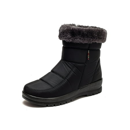 

Eloshman Womens Fuzzy Snow Boot Round Toe Winter Shoes Zip Up Booties Cold Weather Non-skid Plush Lining Comfort Shoe Waterproof Ankle Boots Black 5