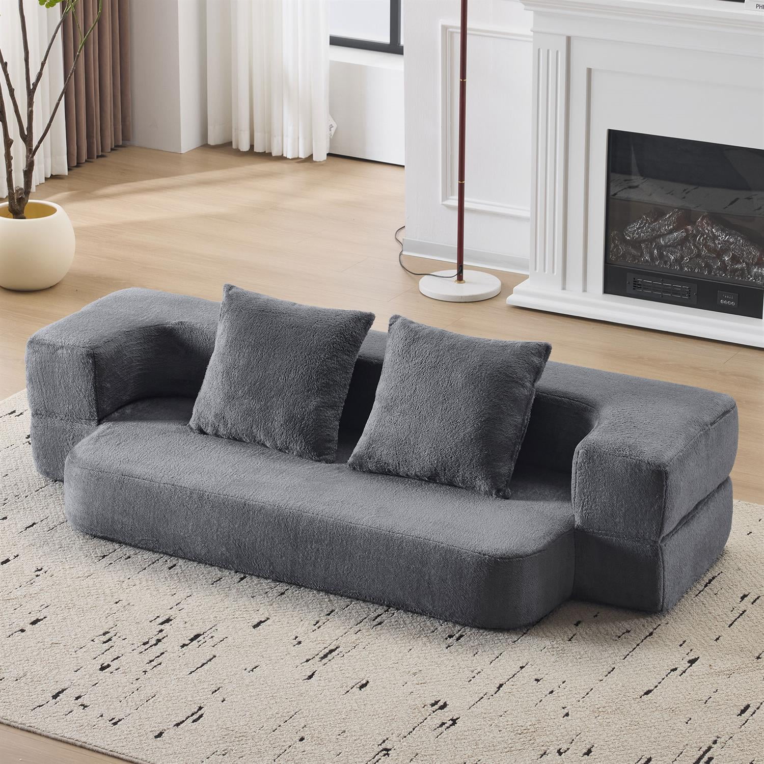Demi Bonn Versatile 3-in-1 Sectional Sofa with Ottomans, Cozy Foam Fold-Out Bed, Space-Saving Chenille Lounger for Small Apartments & Home Offices, Gray
